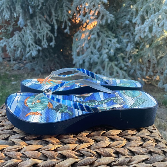 NWOT Brighton Blue Tropical Marine life Flip Flop Platform Wedge Sandals - Picture 1 of 9